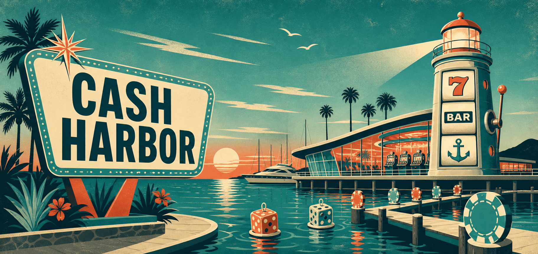 Cash Harbor marina casino with a slot-machine lighthouse, chips, and dice
