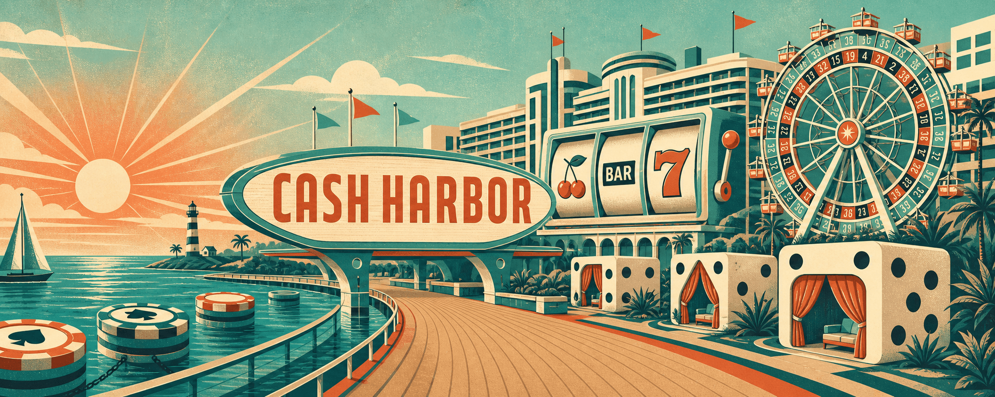 Cash Harbor seaside casino boardwalk with slot reels and a roulette wheel