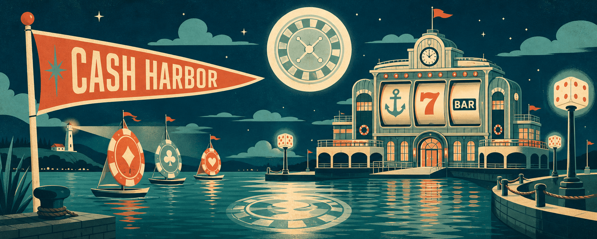 Cash Harbor moonlit floating casino with nautical slot reels and dice lights